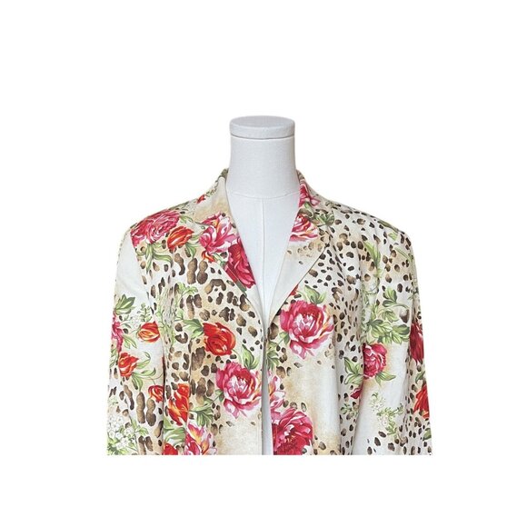 Mixed Media Floral Silk Linen Blazer 14 Animal Print Rose Artsy Chic Statement - Picture 2 of 8